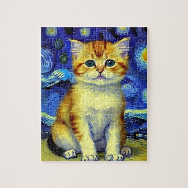 Cute Kitten Starry Night Van Gogh Jigsaw Puzzle (Vertical)