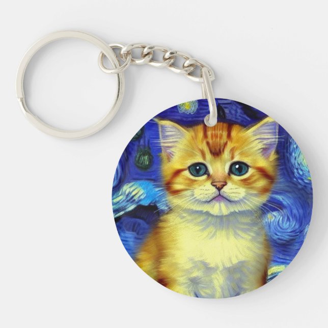 Cute Kitten Starry Night Van Gogh Key Ring (Front)