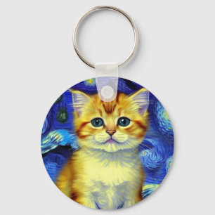 Cute Kitten Starry Night Van Gogh Key Ring