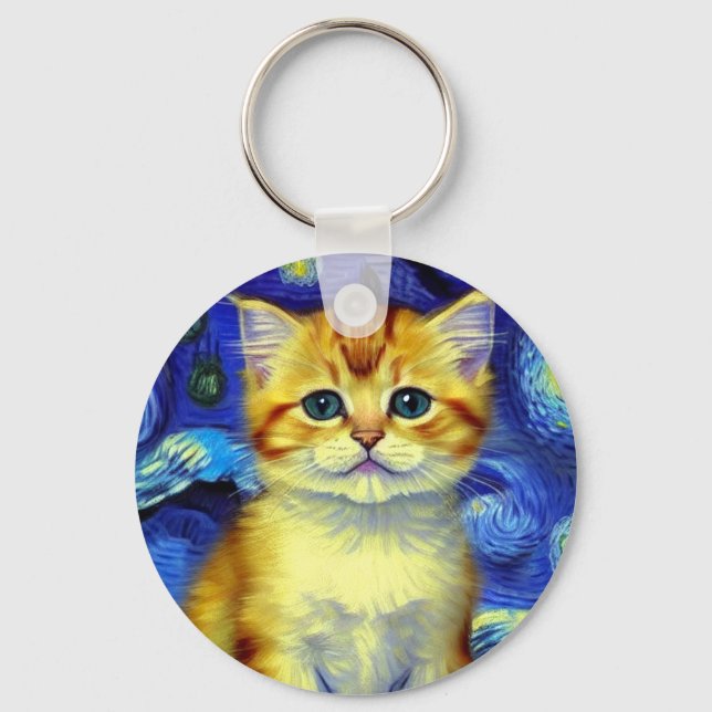 Cute Kitten Starry Night Van Gogh Key Ring (Front)