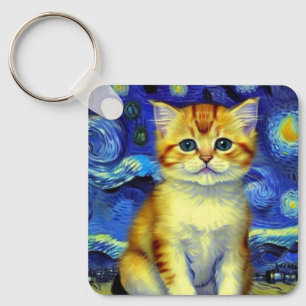 Cute Kitten Starry Night Van Gogh Key Ring