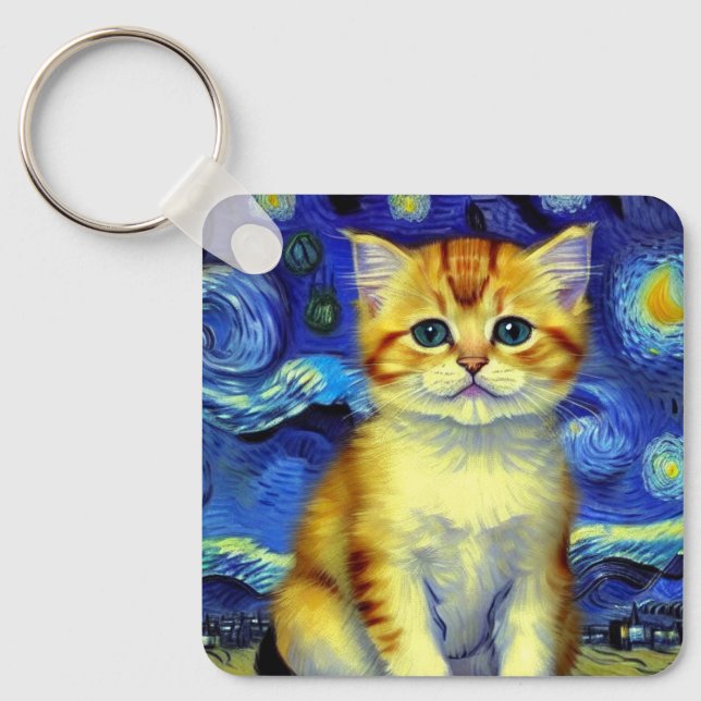 Cute Kitten Starry Night Van Gogh Key Ring (Front)
