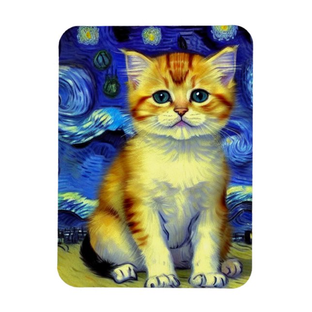 Cute Kitten Starry Night Van Gogh Magnet (Vertical)