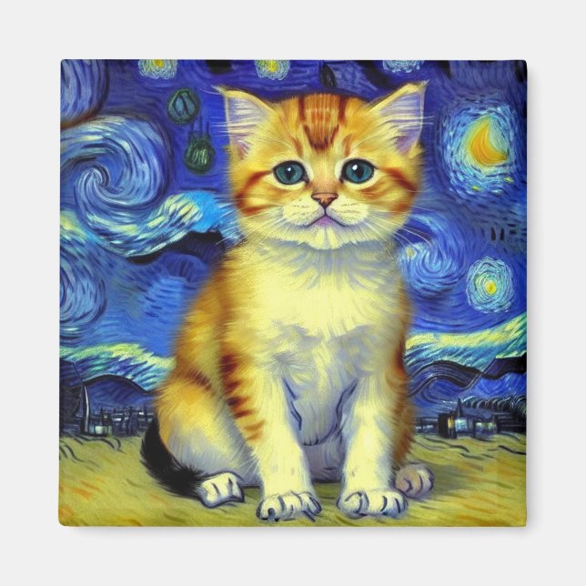 Cute Kitten Starry Night Van Gogh Magnet (Front)