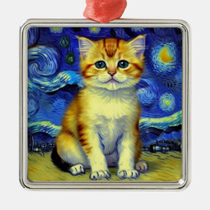 Cute Kitten Starry Night Van Gogh Metal Ornament