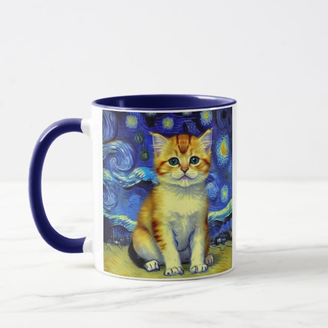 Cute Kitten Starry Night Van Gogh Mug (Left)