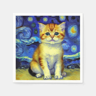 Cute Kitten Starry Night Van Gogh Napkin