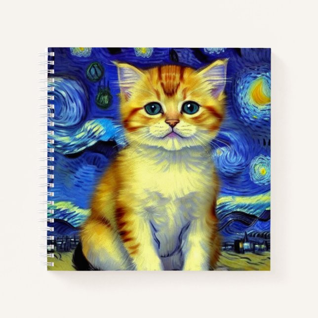 Cute Kitten Starry Night Van Gogh Notebook (Front)