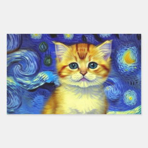 Cute Kitten Starry Night Van Gogh Rectangular Sticker