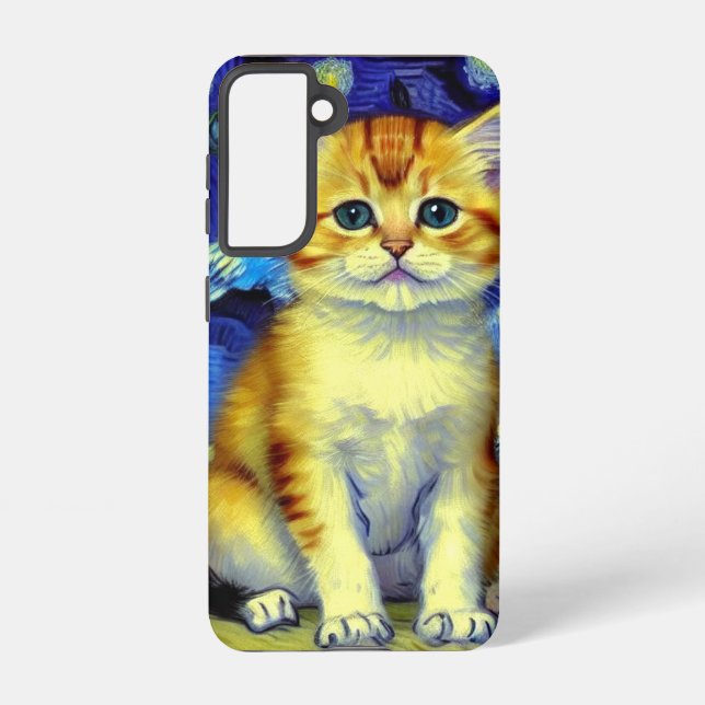 Cute Kitten Starry Night Van Gogh Samsung Galaxy S21 Case (Back)