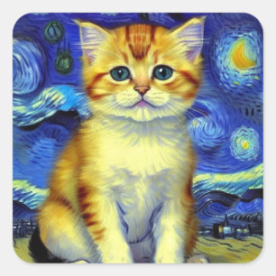 Cute Kitten Starry Night Van Gogh Square Sticker