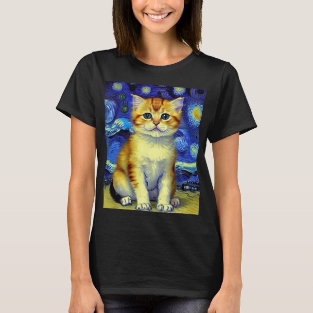 Cute Kitten Starry Night Van Gogh T-Shirt (Front)