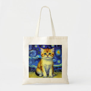Cute Kitten Starry Night Van Gogh Tote Bag