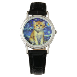 Cute Kitten Starry Night Van Gogh Watch