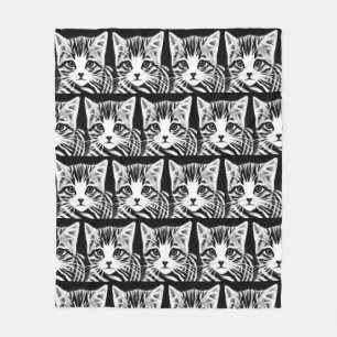Cute kitten striped black white fleece blanket