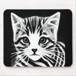 Cute kitten striped black white mouse pad