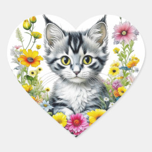 Cute Kitten Surrounded by Flowers   Heart Sticker
