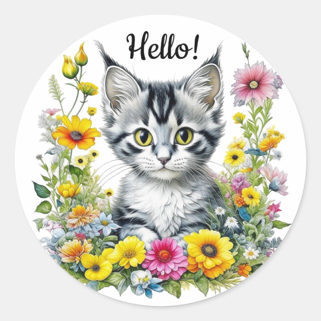 Cute Kitten Surrounded by Flowers | Hello Classic Round Sticker (Front)