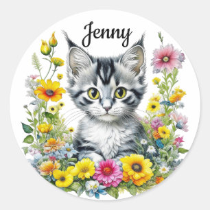 Cute Kitten Surrounded by Flowers Personalized Classic Round Sticker