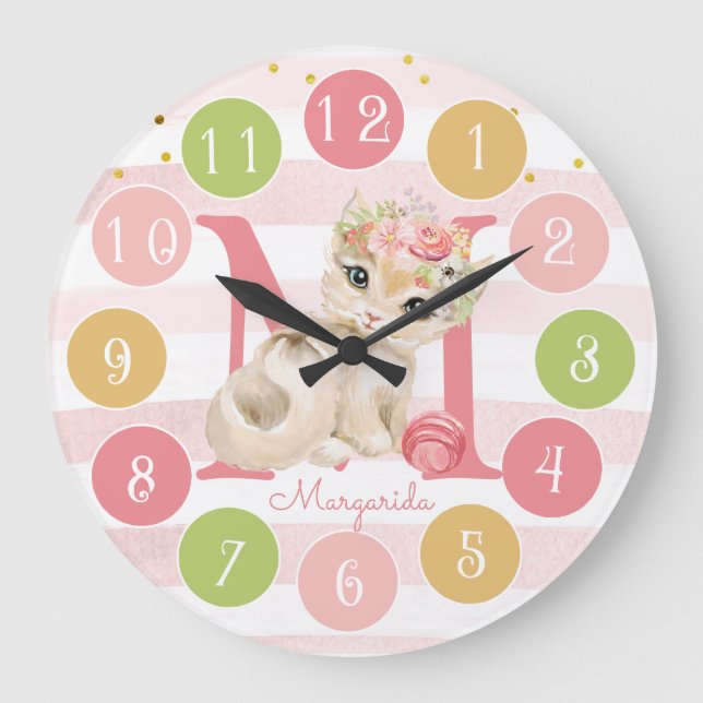 Cute Kitten Sweet Monogram Colourful  Large Clock (Front)