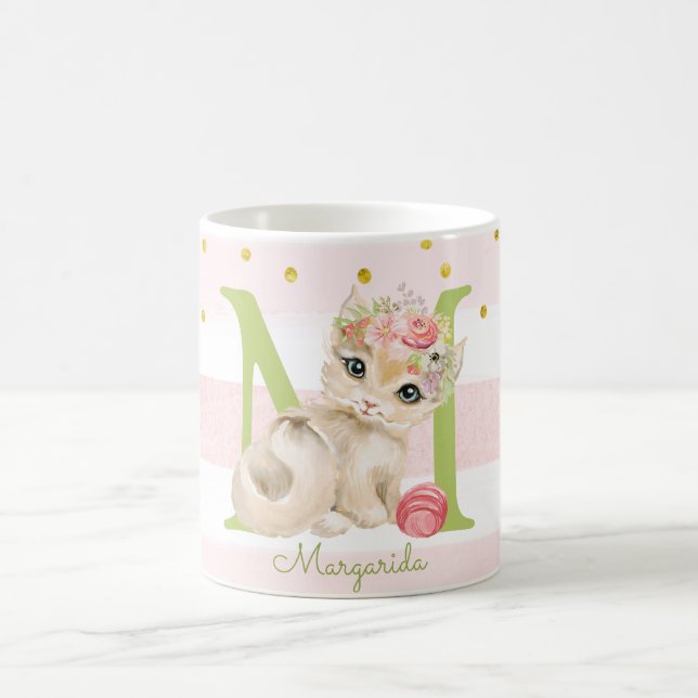 Cute Kitten Sweet Monogram Pink Girly Coffee Mug (Center)