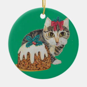 cute kitten tabby cat eating pudding at christmas ceramic ornament