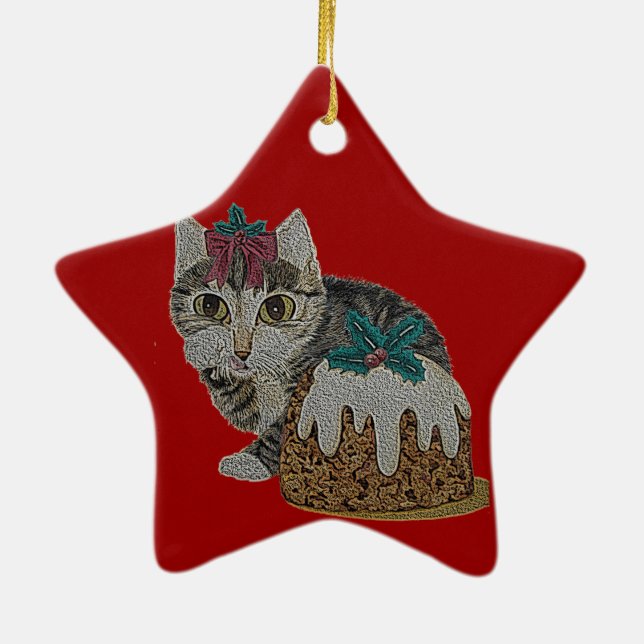 cute kitten tabby cat eating pudding at christmas ceramic ornament (Back)