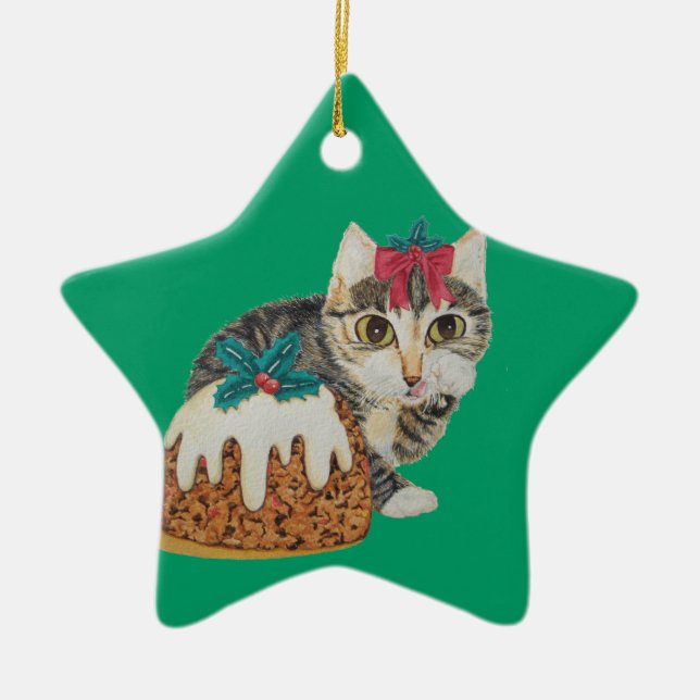 cute kitten tabby cat eating pudding at christmas ceramic tree decoration (Front)