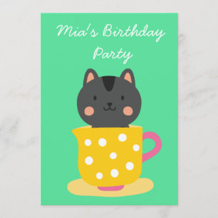 Cute kitten teacup girl's birthday tea party invitation