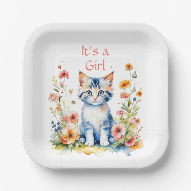 Cute Kitten Themed Girl's Baby Shower Paper Plate (Front)