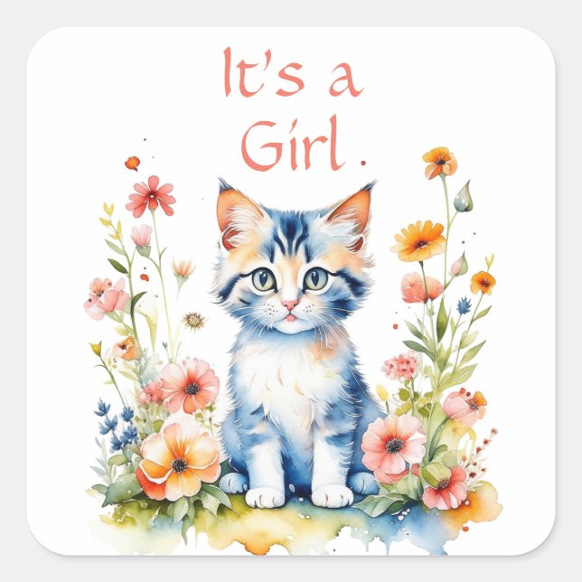 Cute Kitten Themed It's a Girl Baby Shower Square Sticker (Front)