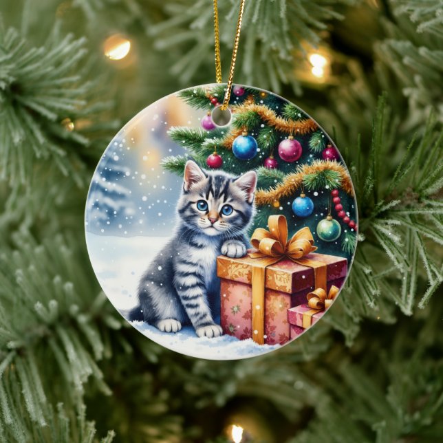 Cute Kitten Under Christmas Tree Ceramic Ornament (Tree)