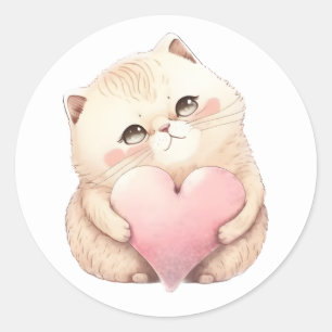 Cute Kitten Valentines Pink Heart Watercolor Cat  Classic Round Sticker