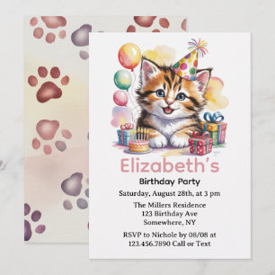 Cute Kitten Watercolor Birthday Party Invitation