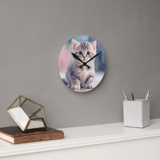Cute Kitten Watercolor Print Round Clock