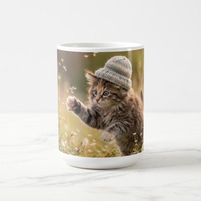 Cute Kitten Wearing a Hat Playing with Dandelions Coffee Mug (Center)