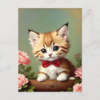 Cute Kitten Wearing a Red Bow. Oil Painting.