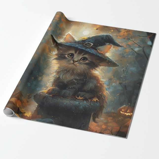 Cute Kitten Wearing a Witch Hat Decoupage Wrapping Paper (Unrolled)