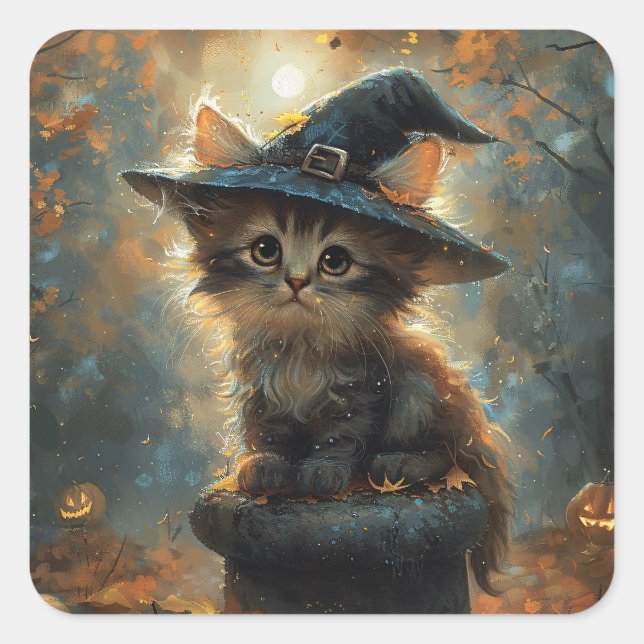 Cute Kitten Wearing a Witch Hat Square Sticker (Front)