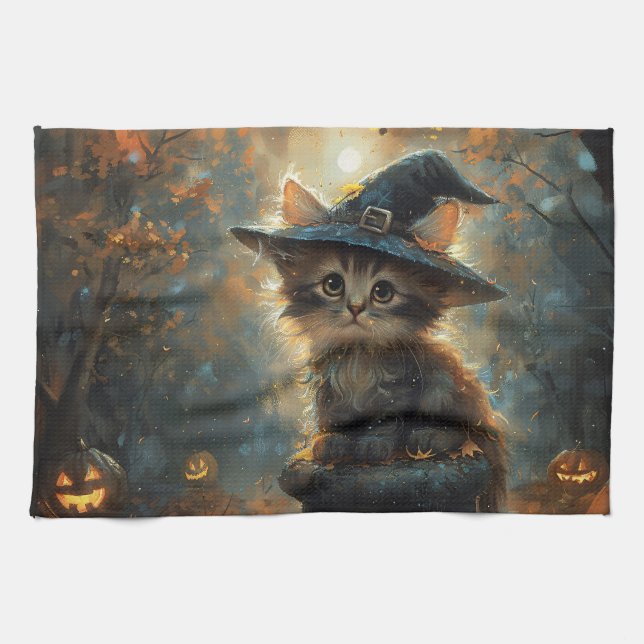 Cute Kitten Wearing a Witch Hat Tea Towel (Horizontal)