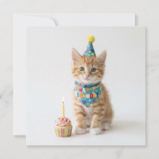 Cute kitten with a cupcake. Happy Birthday.  Holiday Card