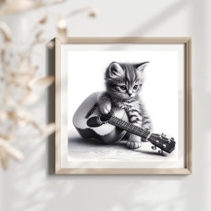 Cute Kitten with Acoustic Guitar Pencil Portrait Poster