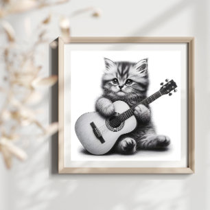 Cute Kitten with Acoustic Guitar Pencil Portrait Poster