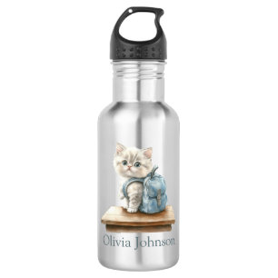 Cute Kitten with Backpack Personalised 532 Ml Water Bottle