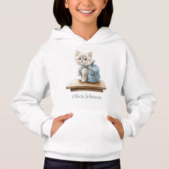 Cute Kitten with Backpack Personalised Girls' (Front)