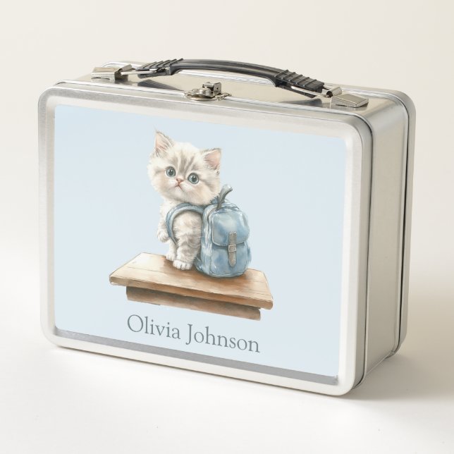 Cute Kitten with Backpack Personalised Metal Lunch Box (Front)