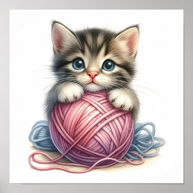 Cute Kitten with Ball of Yarn Whimsical Cat  Poster (Front)