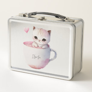Cute Kitten with Balloon Heart Metal Lunch Box