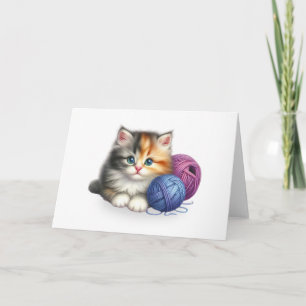 Cute Kitten with Balls of Yarn Blank Greeting Card
