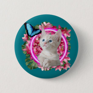 Cute Kitten with blue butterfly on neon tropical 6 Cm Round Badge